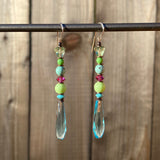 Light aqua glass chandelier earrings. All handwork done in the USA.