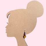 Bright topaz drops, designed by Allen Owen and made for us in Germany. Accents in fuchsia and capri are Austrian crystal. Metal trim is antiqued bronze with sterling silver ear wires. Style 463 earrings measure 1 1/2 inches long.