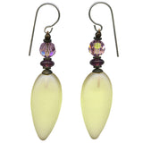 Frosted light yellow glass earrings with amethyst glass and crystal accents.