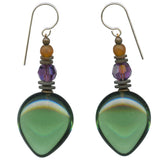 Pair of green teardrop earrings with purple and brown beads on a white background