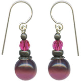 Mauve glass earrings with fuchsia crystal top beads. Bronze accents, silver ear wires.