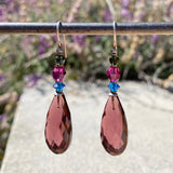 Mauve purple glass earrings. German glass and Austrian crystal. Handmade earrings, made in the USA.