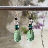 Green glass earrings, handmade in the USA.