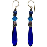 Cobalt blue chandelier earrings. German and Czech glass with Austrian crystal. Metal trim is antiqued bronze with 14 karat gold-filled ear wires. All handwork done in the USA.