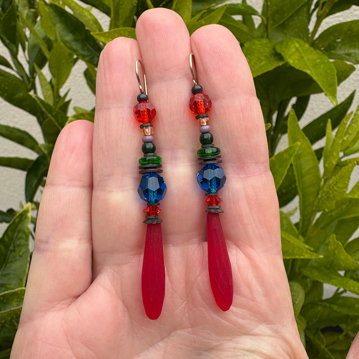 Frosted Red Czech Glass Earrings | Antique 1920s Prisms | Owen