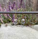 Extra fine faceted clear glass earrings. Gold trim. All handwork done in the USA using European glass.