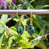 Blue glass earrings. Gold trim. German glass with 14 karat gold filled ear wires. Handmade in the USA.