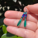 Antique teal prism earrings, Czech glass from the Deco era. Top beads are shades of blue with bronze accents. Silver ear wires.
