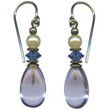 Light amethyst glass earrings. Glass pearls and indigo crystal top beads. Handmade earrings, made in the USA.