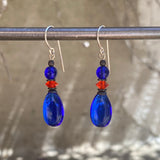 Blue and orange glass and crystal earrings. Handmade in the USA.
