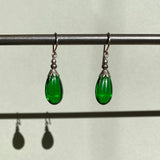 Emerald green glass earrings. German glass, handmade in the USA.