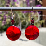 Bright red glass drops. German glass and Austrian crystal. Handmade in the USA.