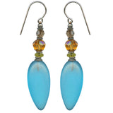 Frosted turquoise glass earrings. Accents in topaz and smoke topaz are Austrian crystal. Olivine green Czech glass. Sterling silver ear wires. All handwork done in the USA.