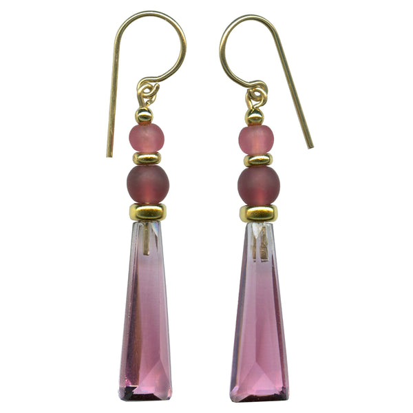 Pink glass drop earring with gold accents. All handwork done in the USA.