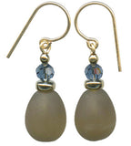 Frosted light smoke topaz glass drop earrings. Top beads are indigo Austrian crystal. Gold filled ear wires. All handwork done in the USA.