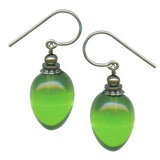 Green glass earrings. Handmade in the USA using German glass. Designed by Allen Owen.
