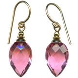 A pair of pink and gold earrings, with extra fine faceted pink glass drops and 14 karat gold-filled ear wires.