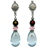 Aquamarine glass post earrings with pink and jet Austrian crystal accents. Handmade in the USA.