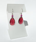 Dark rose glass earrings with fuchsia Austrian crystal top bead. Sterling silver ear wires. Handmade in the USA.