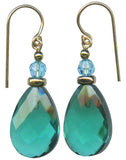 Teal green glass drop earrings with aquamarine Austrian crystal top beads. Gold accents. Handmade in the USA.
