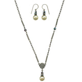 Glass pearl necklace with matching glass pearl earrings, jewelry set with iridescent Austrian crystal accents. Handmade in the USA.