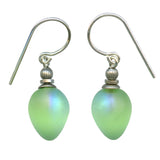 Frosted light peridot with an iridescent finish. German glass, designed by Allen Owen. Sterling silver ear wires. All handwork done in the USA.