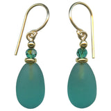 Frosted teal glass earrings with emerald crystal accents