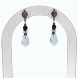 Aquamarine glass post earrings with pink and jet Austrian crystal accents. Handmade in the USA.