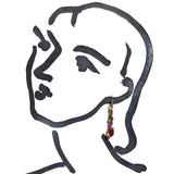 A minimalist black line drawing of a woman's head in profile on a white background, with a dangling colorful beaded earring hanging near the ear.