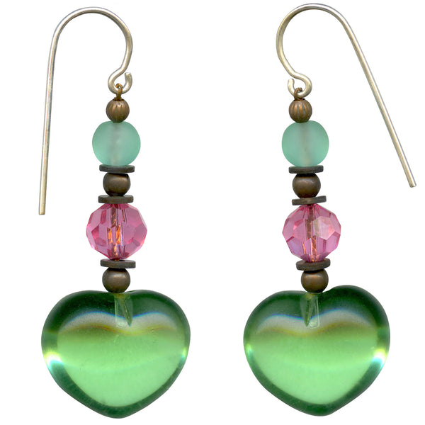 Peridot heart earrings. German glass, Austrian crystal, Czech glass.