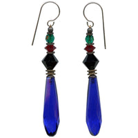 Cobalt chandelier earrings. German glass prisms with Austrian crystal accents in jet, red and emerald. Metal trim is antiqued bronze with sterling silver ear wires. All handwork done in the USA.