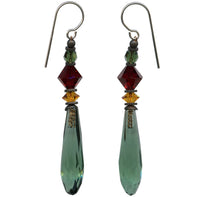 Tourmaline green prism earrings. Accents in garnet, topaz and tourmaline are Austrian crystal. Metal trim is antiqued bronze with sterling silver ear wires. All handwork done in the USA.