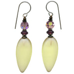 Frosted light yellow glass earrings with amethyst glass and crystal accents. 
