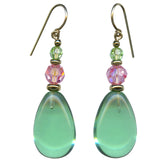 Green teardrop earrings with pink and green beads on a white background