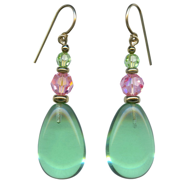 Green teardrop earrings with pink and green beads on a white background