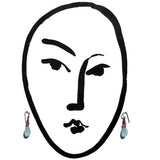 A minimalist black line drawing of a face with teardrop-shaped earrings hanging at the earlobes, shown on a plain white background.
