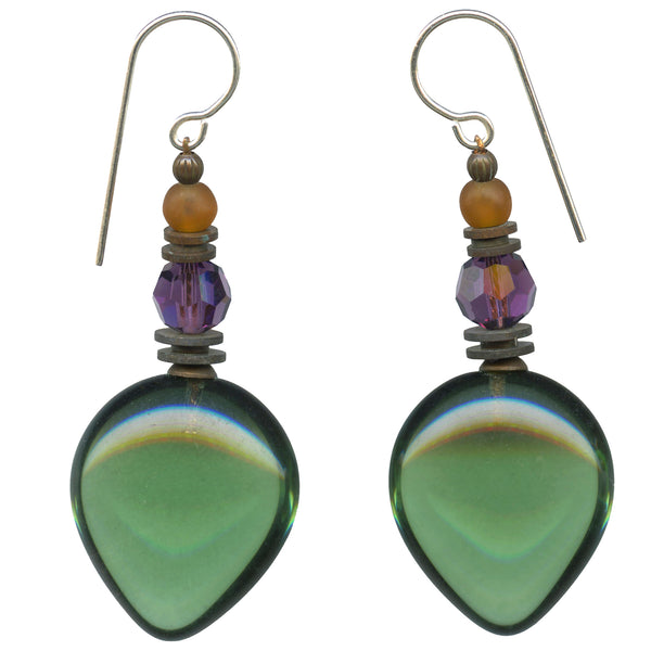 Pair of green teardrop earrings with purple and brown beads on a white background
