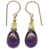 Purple and yellow glass earrings on a white background. Gold trim.