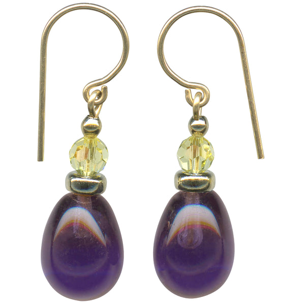 Purple and yellow glass earrings on a white background. Gold trim.