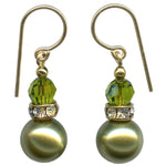 Olive green pear coated crystal drop earrings. Austrian crystal top beads with German made rhinestones.