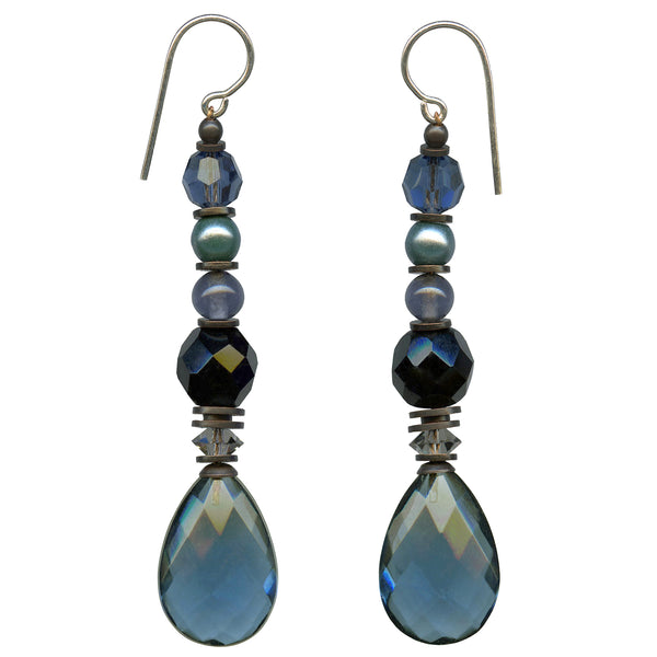 Indigo blue earrings. German glass drops with Austrian crystal and Czech glass accents. All handwork done in the USA.