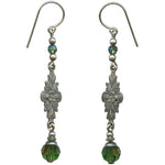 Pair of silver earrings with green beads on a white background