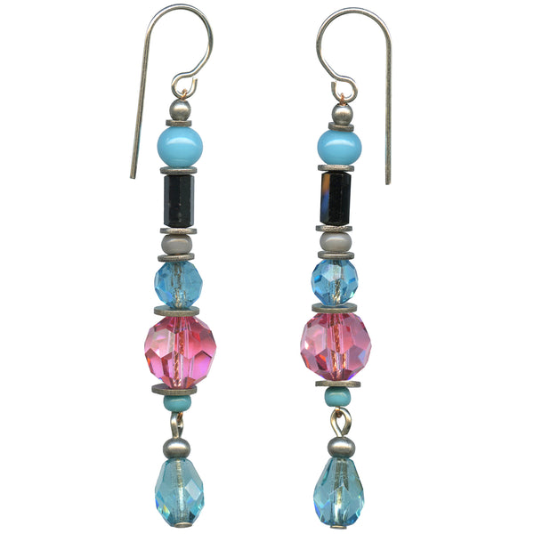 Pair of beaded earrings with blue, pink, and black beads on a white background