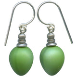 Green teardrop earrings with silver hooks on a white background