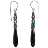 Antique Czech glass jet earrings. Green and amethyst top beads.