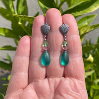 Frosted teal post earrings. German glass and Austrian crystal.
