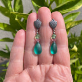 Frosted teal post earrings. German glass and Austrian crystal.