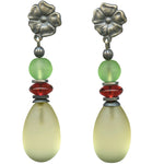 Pair of earrings with floral tops, green and red beads, and yellow teardrop shapes on a white background.