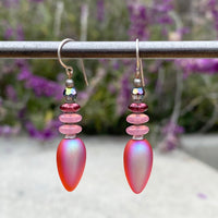 Bright pink iridescent earrings. German and Czech glass with Austrian crystal. 