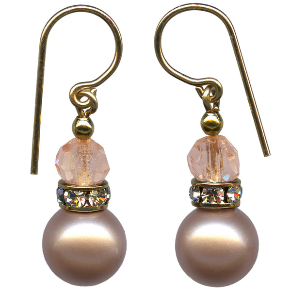 Taupe crystal pearl drop earrings with light rose Czech top beads.